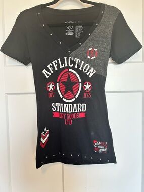 Affliction Black & Gray V‑Neck Graphic Tee with Red Accents
